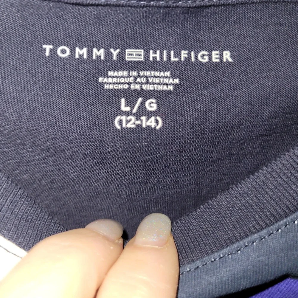 Tommy Hilfiger Graphic T Shirt Blue Green Yellow Stripe Logo‎ Size L 12 14 patch